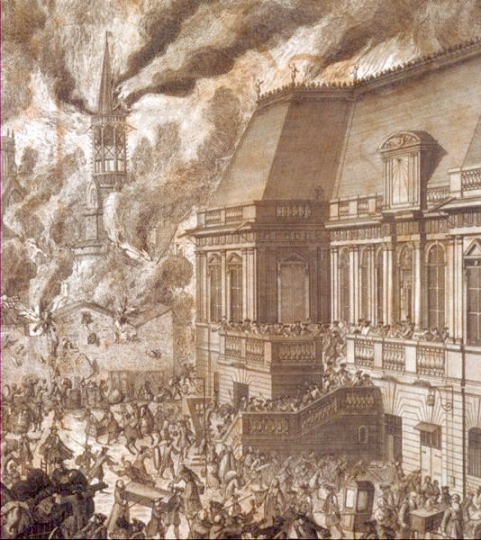 Palais du Parlement de Bretagne lors de l'incendie de Rennes - Dtail d'une estampe du XVIIIe sicle